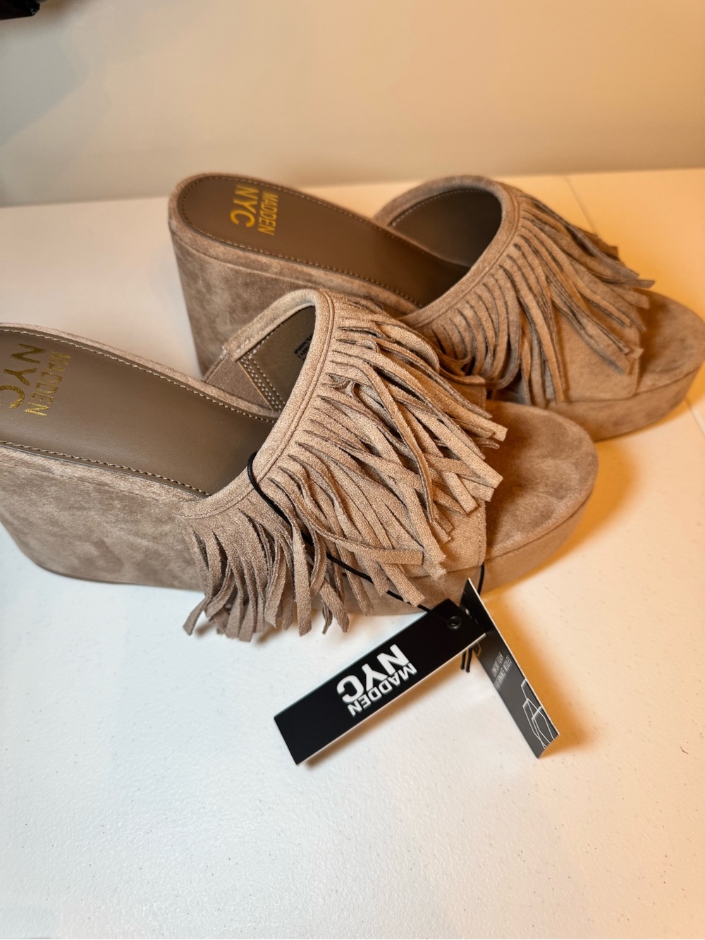Madden NYC Tan Suede Fringe Platform Wedge Slides